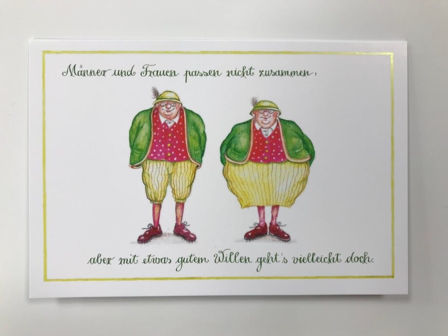 Christina Thrän | Briefkarte “Männer und Frauen passen nicht zusammen, aber mit erwas gutem Willen geht’s vielleicht doch”