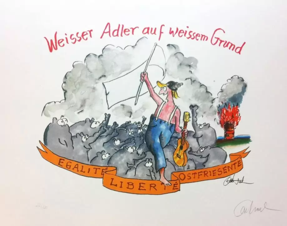 Otto Waalkes Weißer Adler auf weißem Grund, gerahmt