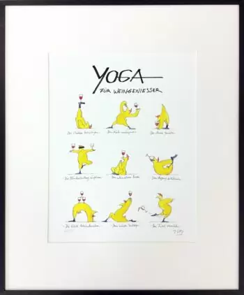 Peter Gaymann Yoga für Weingenießer gerahmt
